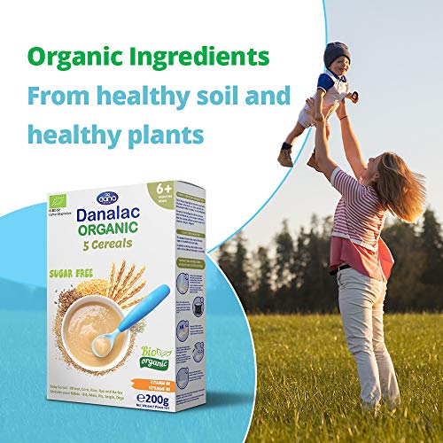 Danalac Organic Baby Cereal (Five Cereals) 200 Gram Porridge Sugar Free 6 Months Plus | Wheat, Corn, Rice, Rye, Barley