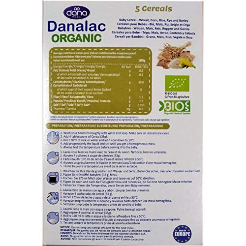 Danalac Organic Baby Cereal (Five Cereals) 200 Gram Porridge Sugar Free 6 Months Plus | Wheat, Corn, Rice, Rye, Barley