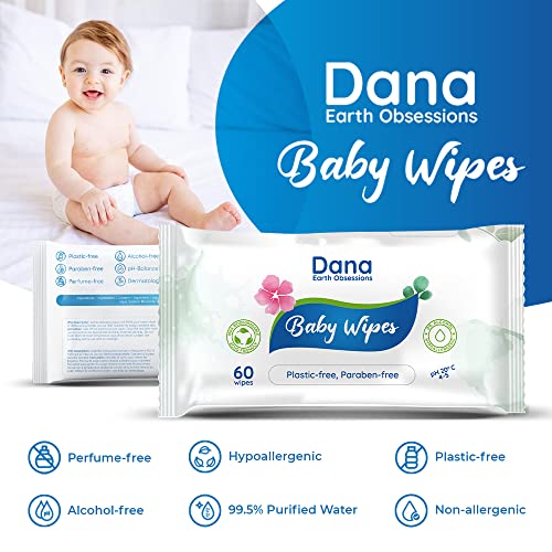 Dana Baby Wet Wipes with Purified Water for Cleaning Sensitive Newborn Skin and Body | Biodegradable No Plastic No Alcohol and No Paraben Babywipes and Waterwipes