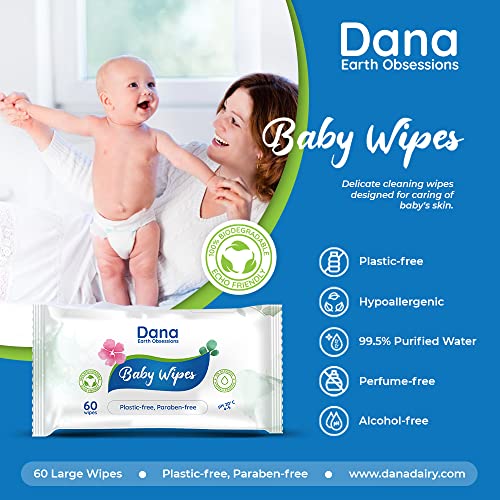 Dana Baby Wet Wipes with Purified Water for Cleaning Sensitive Newborn Skin and Body | Biodegradable No Plastic No Alcohol and No Paraben Babywipes and Waterwipes