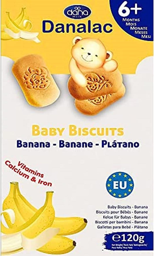 Danalac, Bananen-Babykekse, Packung Fingerfood-Snack für Kleinkinder ab 6 Monaten mit Kalzium, Eisen und Vitaminen, 120 g