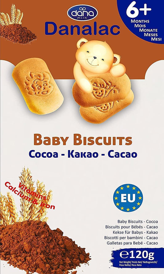Danalac, Biscuits au cacao pour bébé, paquet de collations pour les tout-petits à partir de 6 mois avec calcium, fer et vitamines, 120 g