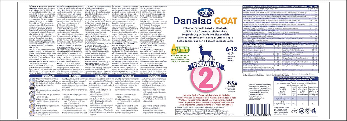Danalac Goat Milk Follow-On Formula 800g Stage 2 Baby Milk Powder for Infants and Toddlers Age 6-12 Months (Pack of 6)