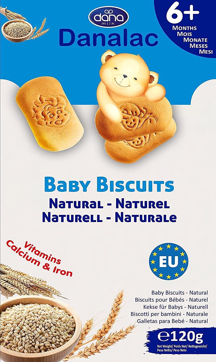 Danalac, Biscuits naturels pour bébés, collation pour les tout-petits à partir de 6 mois avec calcium, fer et vitamines, 120 g
