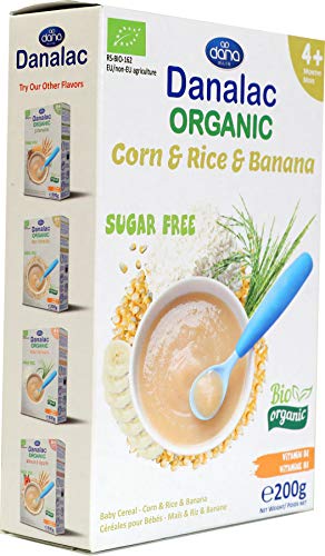DANALAC Céréales biologiques pour bébé (maïs, riz, banane) 200 grammes de bouillie sans sucre 4 mois et plus