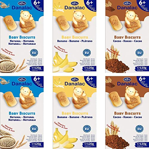 DANALAC Baby Biscuits 120g Combo Snack Pack - 2 Banana, 2 Cocoa, 2 Natural Plain - Snacks and Food for Toddlers 6+ Months with Calcium, Iron and Vitamins