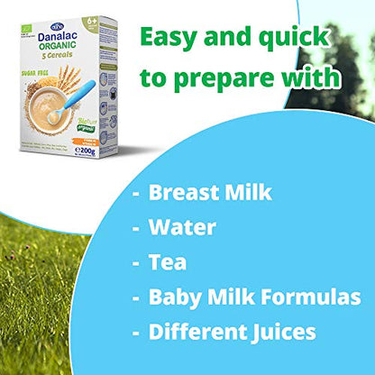 DANALAC Céréales biologiques pour bébé (cinq céréales) 200 grammes de bouillie sans sucre 6 mois et plus | Blé, maïs, riz, seigle, orge