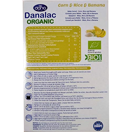 DANALAC Céréales biologiques pour bébé (maïs, riz, banane) 200 grammes de bouillie sans sucre 4 mois et plus