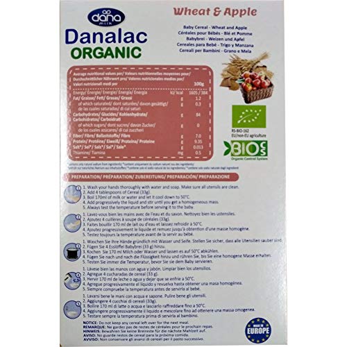 DANALAC Bio-Baby-Müsli, Weizen und Apfel, 200 Gramm Brei, zuckerfrei, ab 6 Monaten