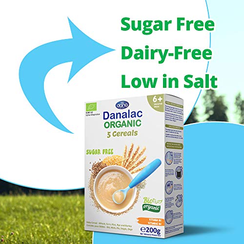 Danalac Organic Baby Cereal (Five Cereals) 200 Gram Porridge Sugar Free 6 Months Plus | Wheat, Corn, Rice, Rye, Barley (Pack of 3)