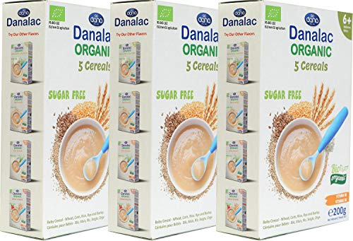 Danalac Organic Baby Cereal (Five Cereals) 200 Gram Porridge Sugar Free 6 Months Plus | Wheat, Corn, Rice, Rye, Barley (Pack of 3)