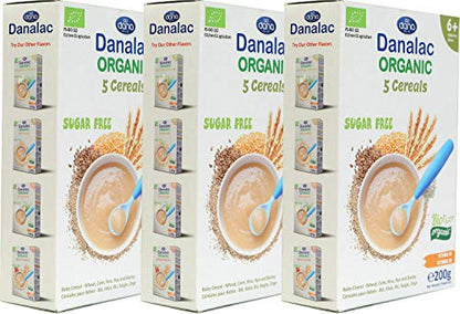 Danalac Organic Baby Cereal (Five Cereals) 200 Gram Porridge Sugar Free 6 Months Plus | Wheat, Corn, Rice, Rye, Barley (Pack of 3)