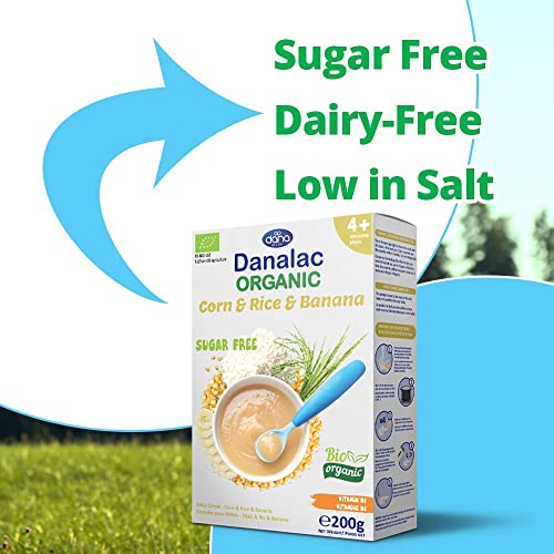 Danalac Organic Baby Cereal (Corn, Rice, Banana) 200 Gram Porridge Sugar Free 4 Months Plus (Pack of 3)