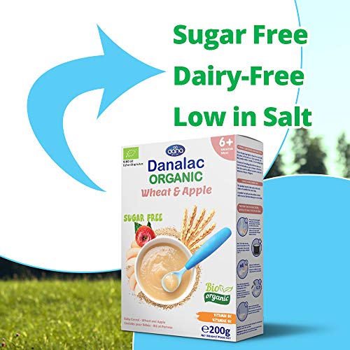 Danalac Organic Baby Cereal Wheat and Apple 200 Gram Porridge Sugar Free 6 Months Plus (Pack of 3)