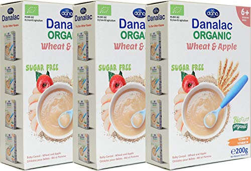 Danalac Organic Baby Cereal Wheat and Apple 200 Gram Porridge Sugar Free 6 Months Plus (Pack of 3)